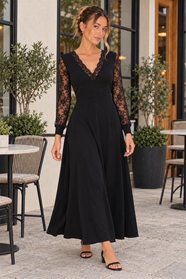 Women's V-Neck Long Lace Sleeve Elegant Stylish Evening Dress Long Janjan Crepe Dress