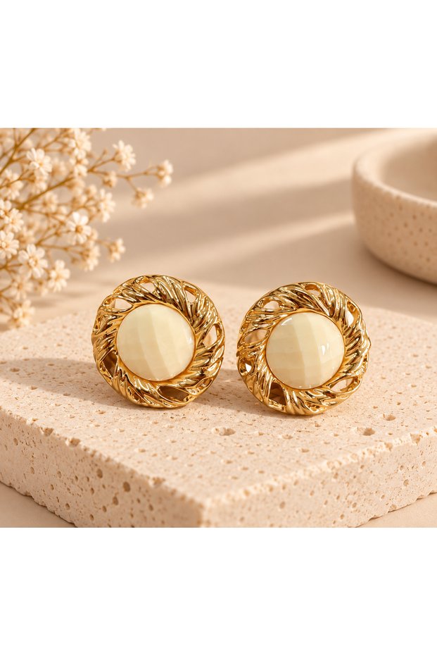 Women's Gold Cream Detailed Round Earrings – Vintage Stylish Design