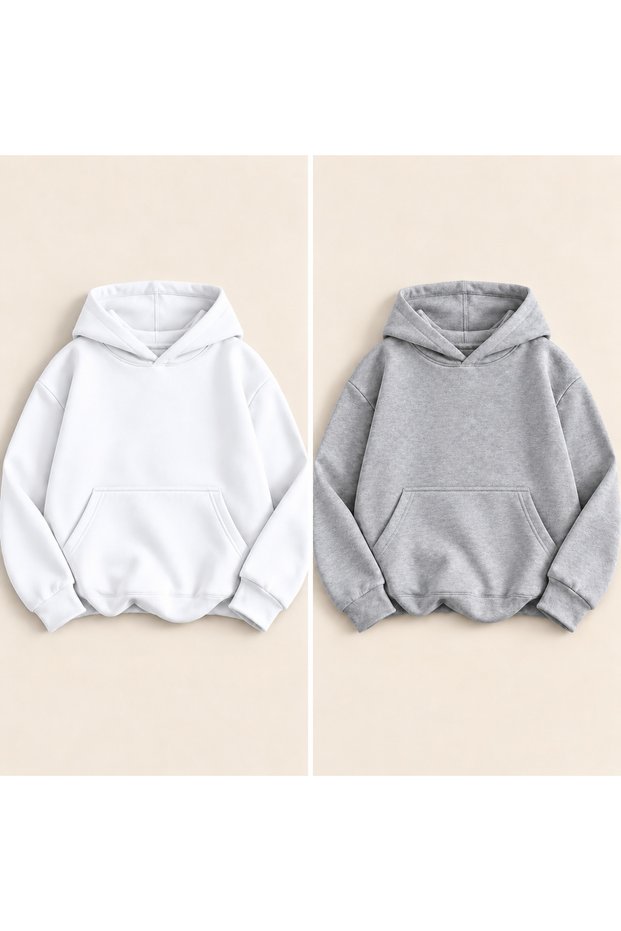 Unprinted Plain Unisex 2-Piece Hooded Three-Thread Sweatshirt Pack