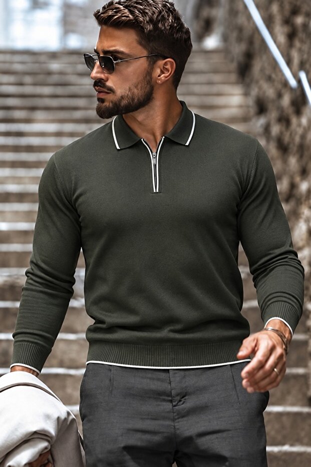 Men's Half-Zip Casual Khaki Sweater