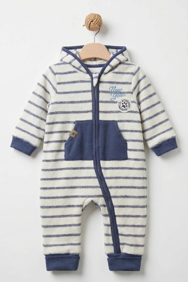 Baby Boy 3-24 Months Long Sleeve Hooded Zippered Jumpsuit Navy Blue