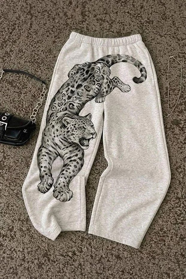Gray Melange Leopard Wide Leg Unisex Harajuku Y2K Sweatpants