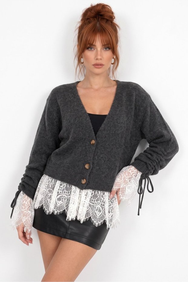 Anthracite Lace Detailed Gathered Sleeve Knitwear Cardigan