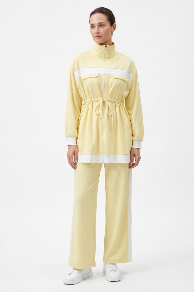 Stripe Detailed Waist Gathered Suit 89140 - Yellow