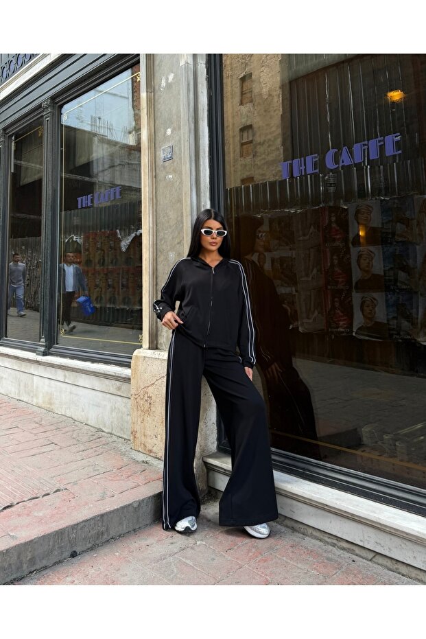 Women's Black Zippered Stripe Detailed Oversize Two-Piece Set