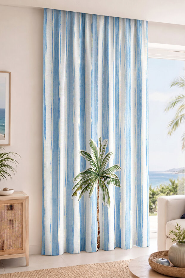 Digital Printed Single Panel Curtain with Palm Tree Figure and Blue Stripes (Includes Throw Pillow as a Gift)