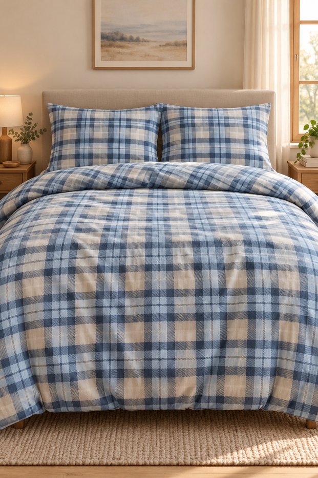 Flannel Double Duvet Cover Set Blue-Gray Plaid
