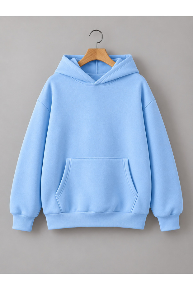 Unisex Oversize Black Plain Hooded Sweatshirt with 3 Thread Ribs and Kangaroo Pocket