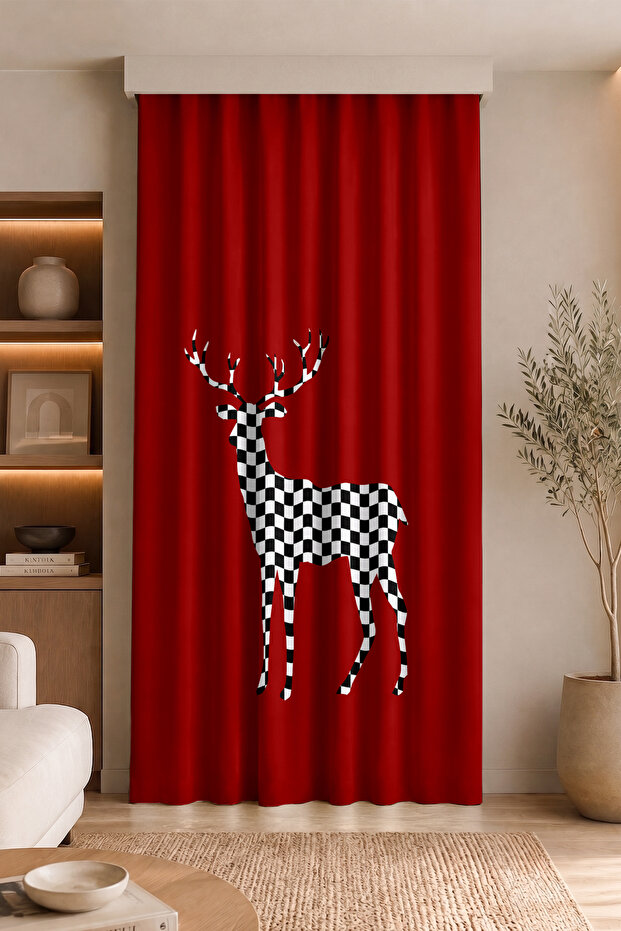 Checkered Deer Figured Digital Printed Single Wing Background Curtain Modern Living Room Curtain (with Throw Pillow as a Gift)