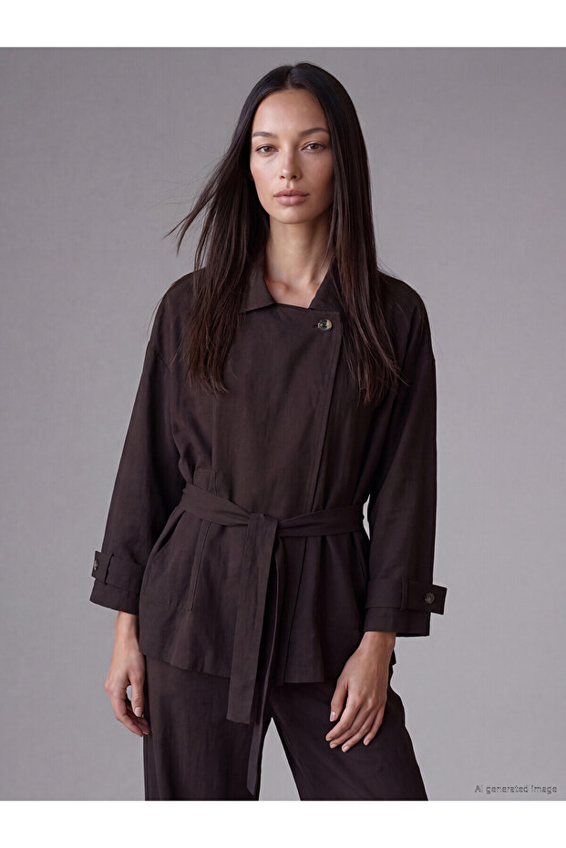 Brown Belted Oversize Women's Gabardine Jacket