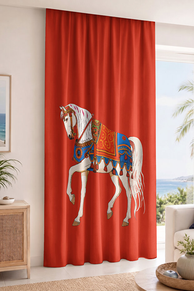 Traditionally Decorated White Horse Figured Digital Printed Single Wing Background Curtain Decorative Curtain (Throw Pillow H