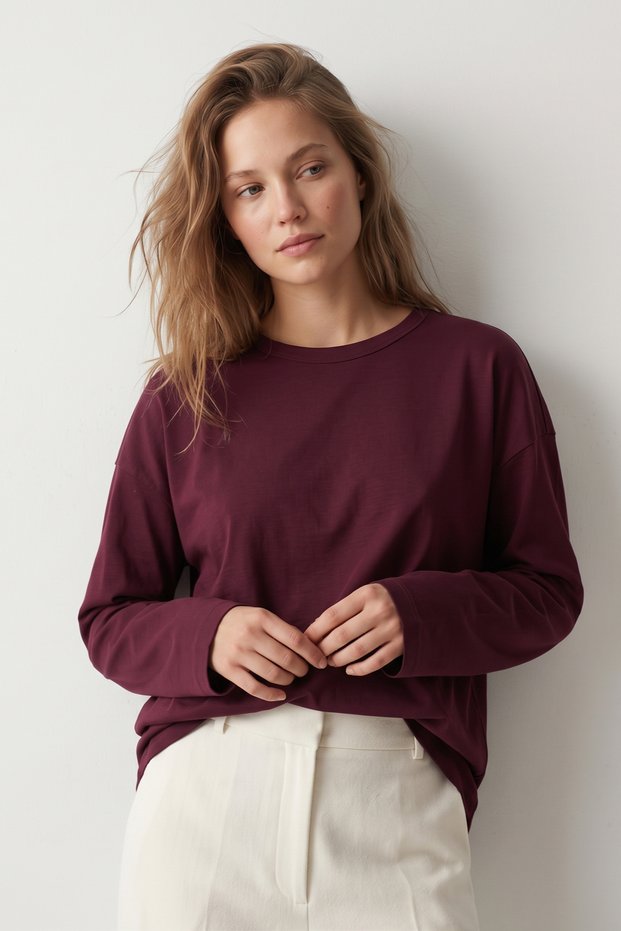 100% Cotton Single Jersey Oversize Women's Long Sleeve T-Shirt Compact Combed Cotton Soft Fabric Loose Fit Breathable Anti-Sweat Basic Burgundy T-Shirt