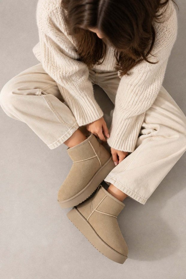 9001 Women's Premium Suede Fur Lined Winter High Sole Boots Beige