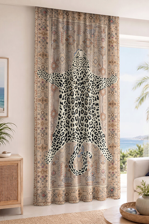 Leopard Print Look Ethnic Kilim Patterned Digital Printed Single Wing Background Curtain (with Throw Pillow as a Gift)