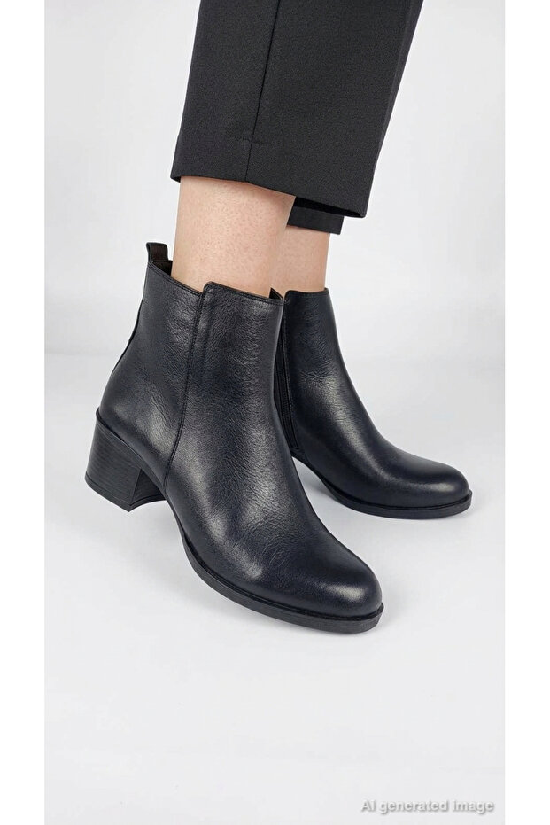 Women's Genuine Leather Boots Heeled Zippered Thick Heel Bootie Ankle Boots Stylish Comfortable Daily Boots Wensor