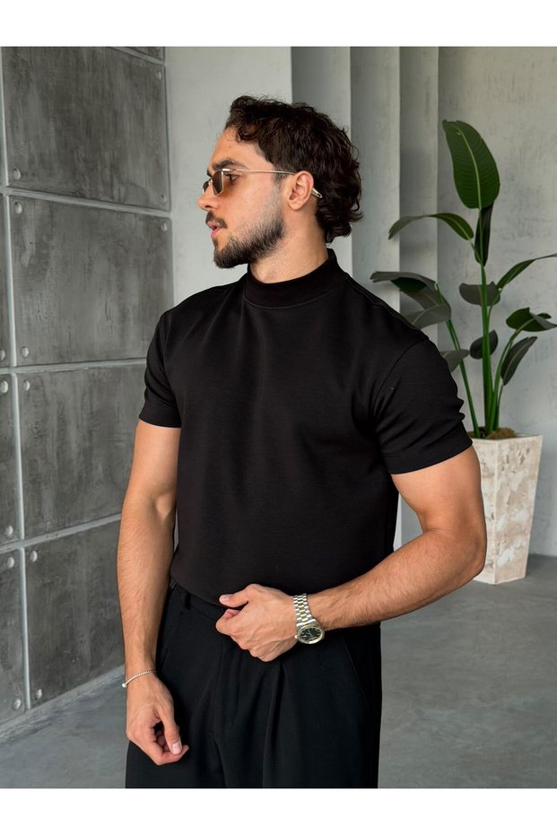 Half-Throated Dubble Face Fabric T-Shirt Black