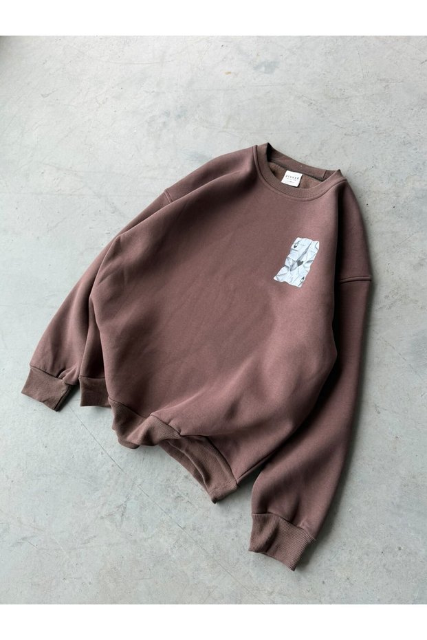 A Printed Oversize 3 Thread Crew Neck Sweatshirt Brown