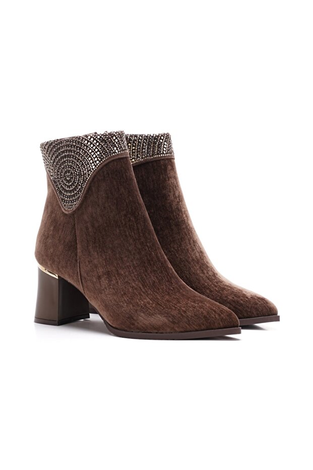 Women's Stylish Boots with Stone Detail and Thick Heels in Suede Look