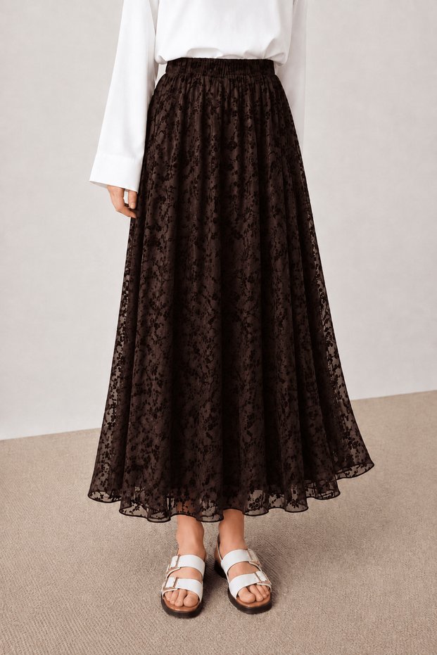 Flocked Branch Pattern Tulle Skirt - Hpm - Bitter Brown