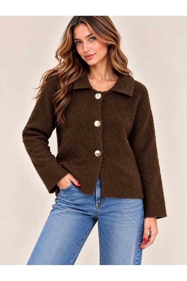 New Season Soft Textured Polo Collar Knitwear Cardigan