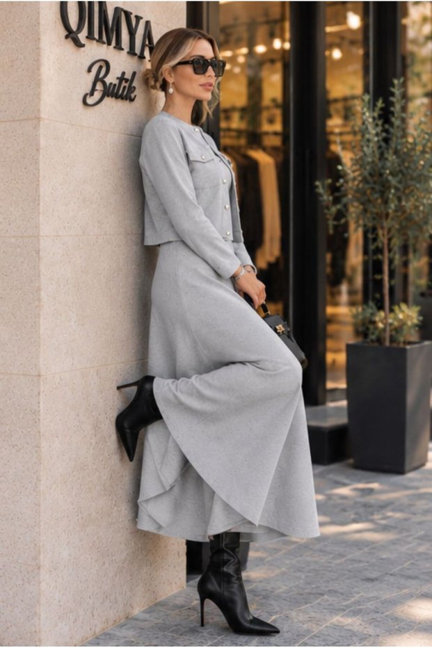 Women's snap long sleeve cardigan sleeveless v neck long basic dress with bouquet