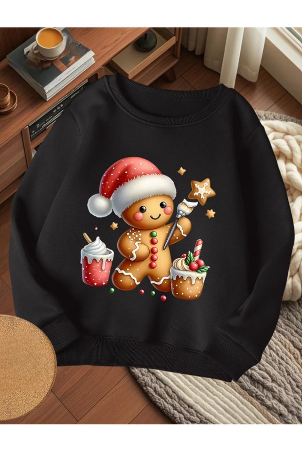 Unisex Women/Men New Year's Brown Cookie Man Printed Cookie Detail Premium Crew Neck Oversize Wide Fit Sweatshirt Hoodie