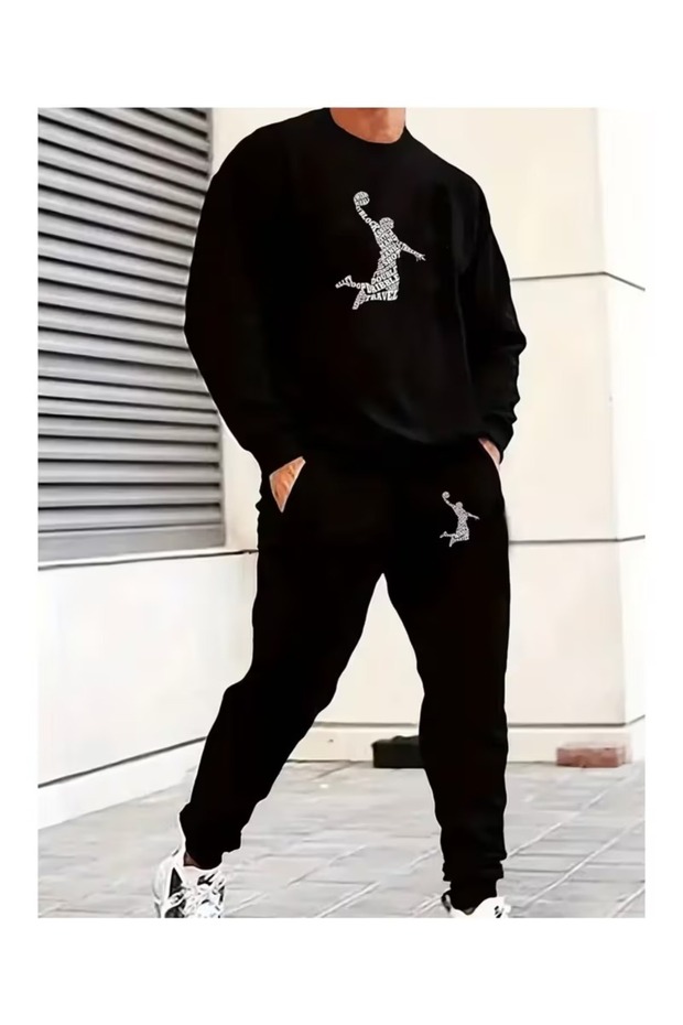 Black Basketball Printed Oversize Tracksuit Set Unisex Sweatshirt Pants