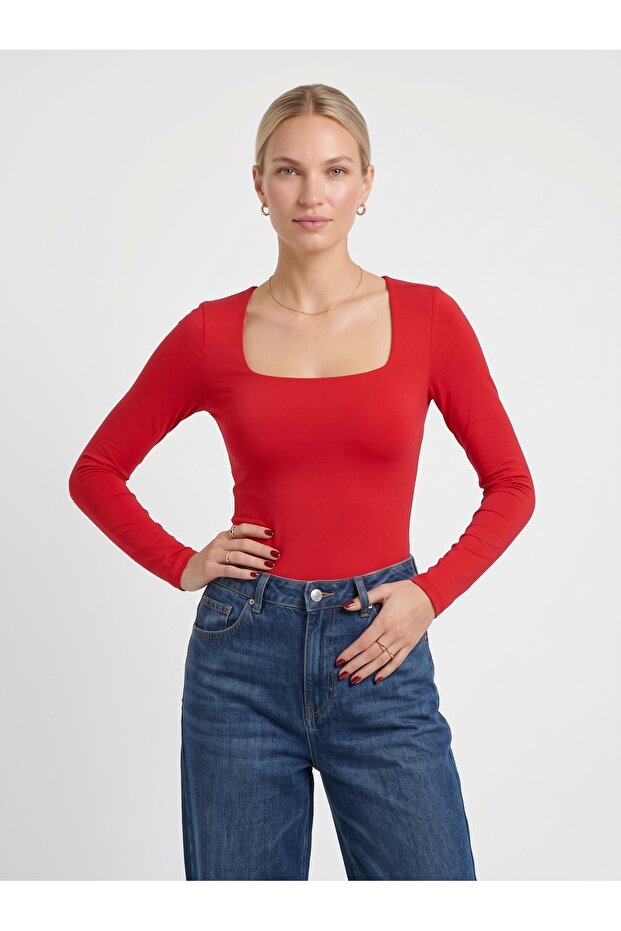 Women's Long Sleeve Square Neck Slim Fit Stretchy Bodysuit