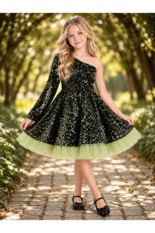 Sequined One-Shoulder Tulle Skirted Girl's Dress with Bow and Crown Accessories