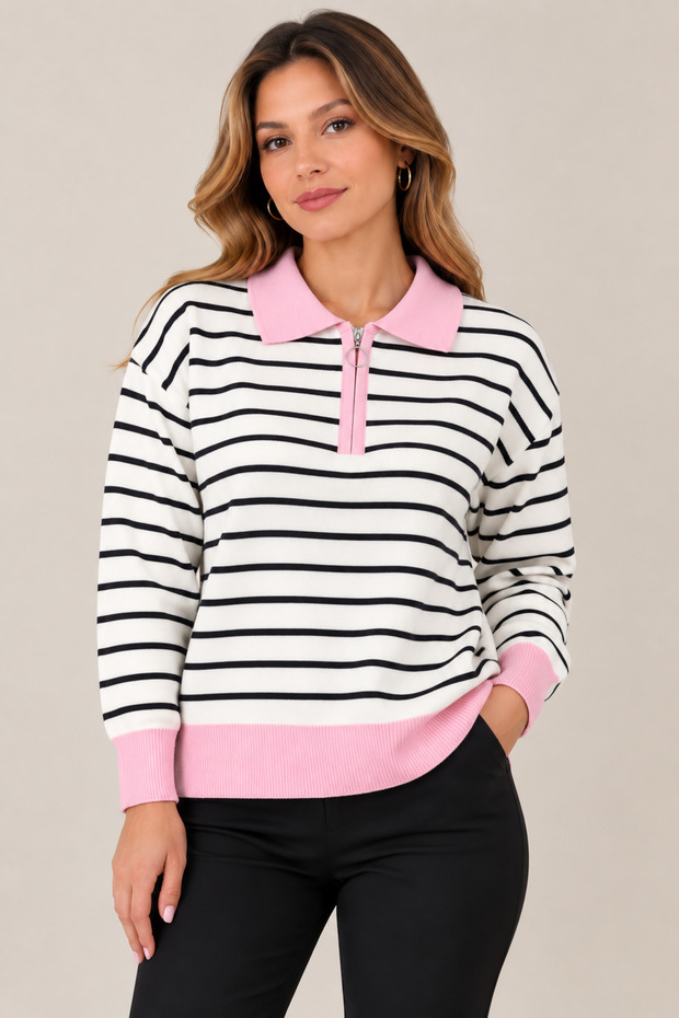 Women's Polo Collar Zippered Striped Knit Sweater