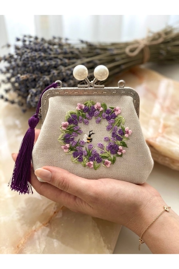 Mini Wallet 100% Hand Embroidered Lavender Wreath Themed 10X14 cm Linen Fabric.
