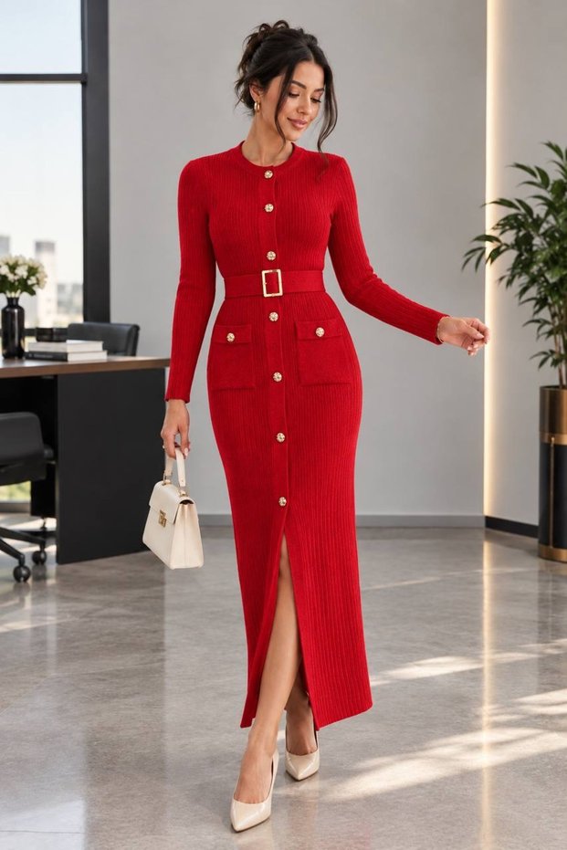 Women's Knitwear Slit Dress with Belt Detail