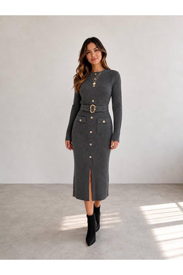 Women's Knitwear Slit Dress with Belt Detail