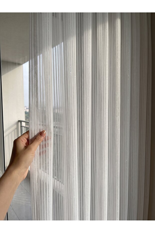 White Striped Glittery 1/3 Pleated Armure Tulle New Season
