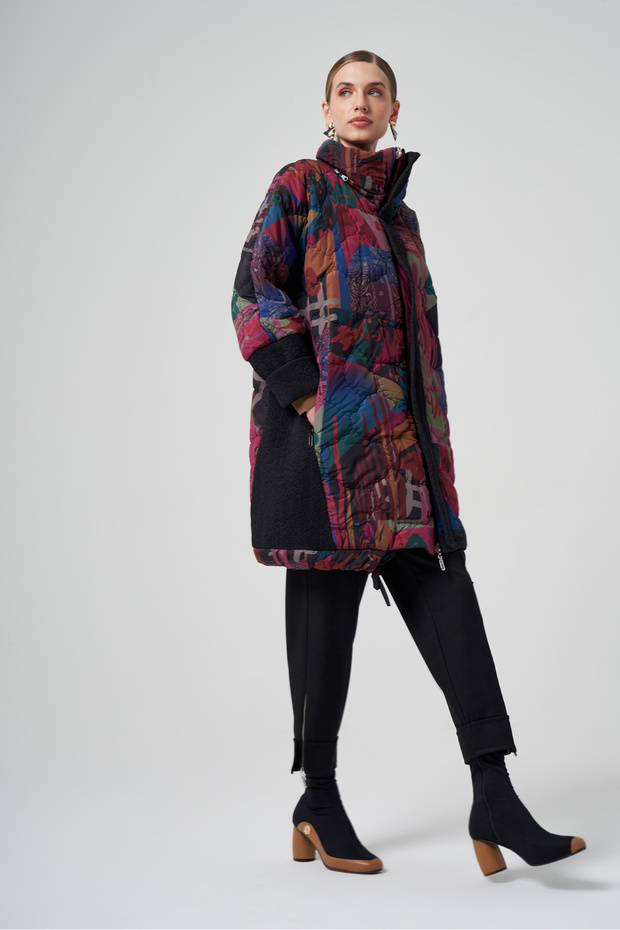 Plus Size Multicolor Patchwork Quilted Puffer Coat with High Collar