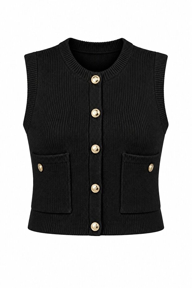 Black Sophia Double Pocket Buttoned Knit Sweater - 2Y4495