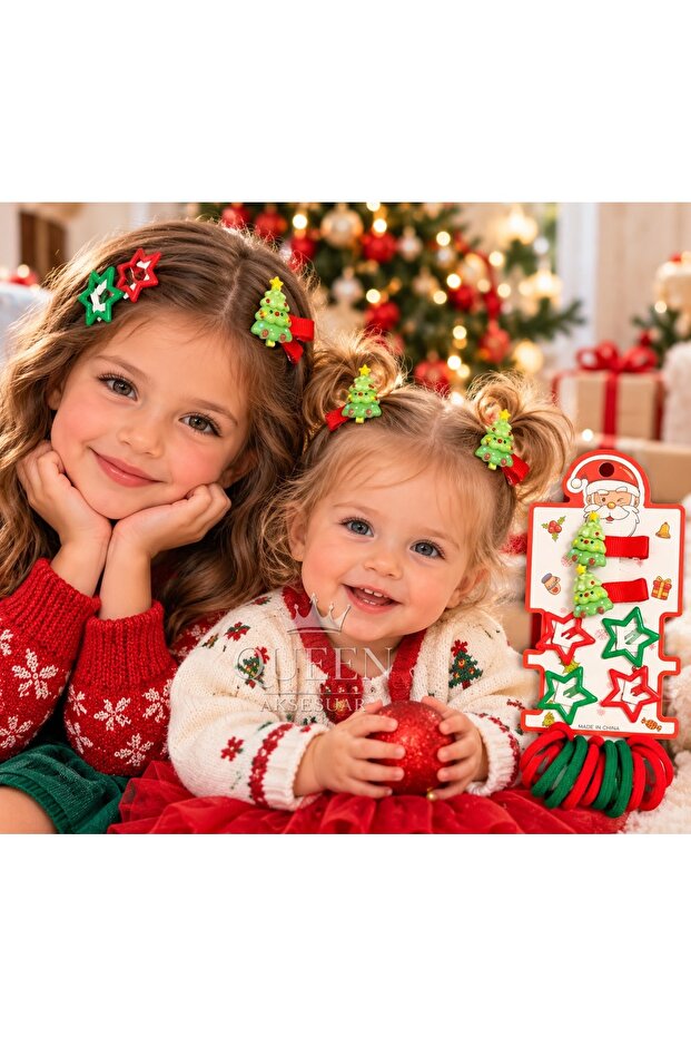 New Year's Children's Hair Accessory Set Christmas Pine Tree Star Snap Clips and Towel Clips 16 Pieces