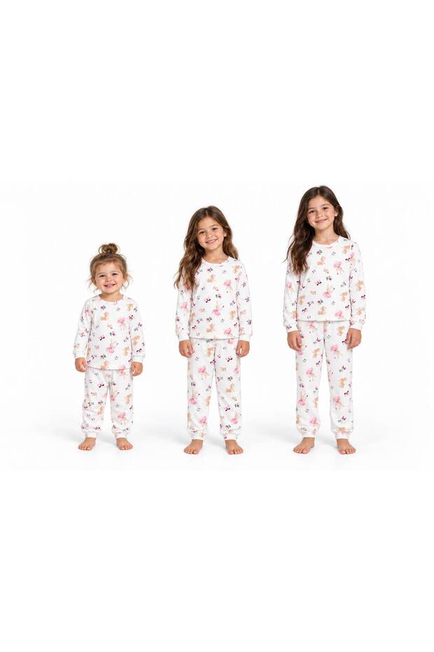 Girls' Long Sleeve Pajama Set with Rabbit and Butterfly Pattern – White, 2