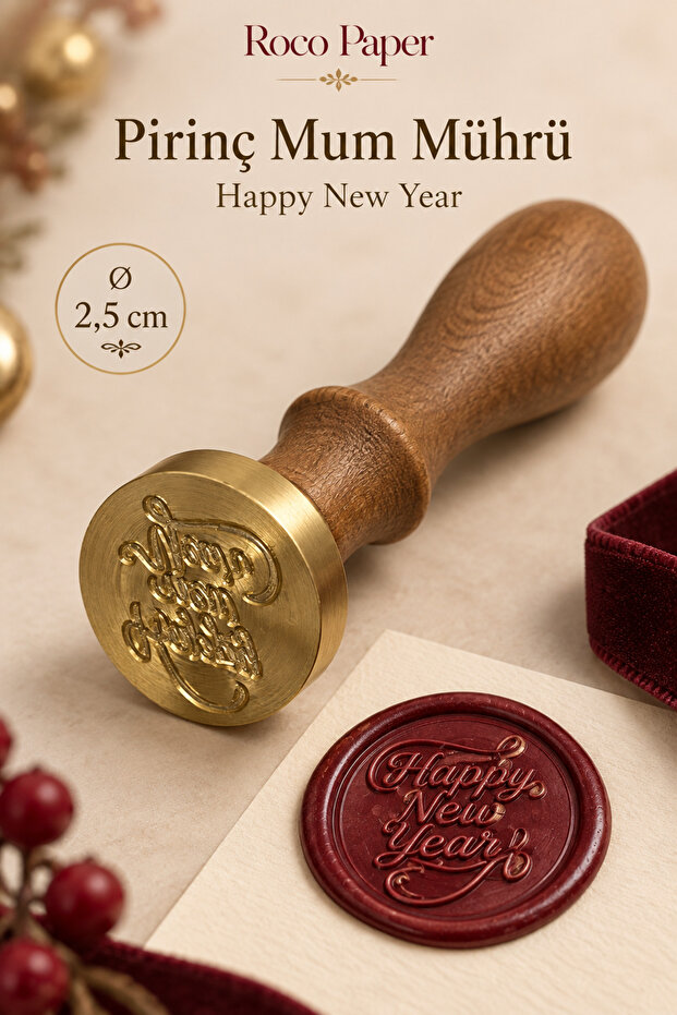 New Year Themed Brass Candle Seal with Wooden Handle - 2.5 cm Diameter, Happy New Year Calligraphic Written Seal