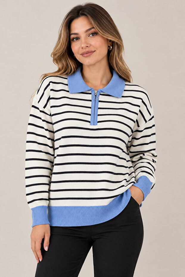 Women's Polo Collar Zippered Striped Knit Sweater
