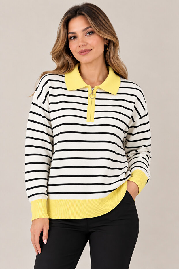 Women's Polo Collar Zippered Striped Knit Sweater
