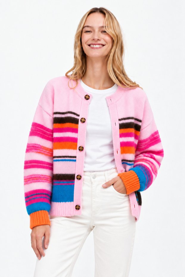 Women's Colorful Striped Oversize Pink Wool Cardigan-00561167
