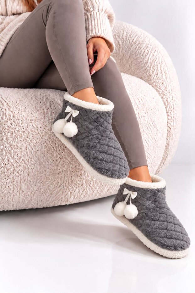 Women's Gray Pompom Detailed Comfortable Plush Home Boots, Slippers