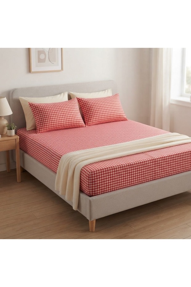 Cotton Ranforce Fabric Double Size Fitted Sheet Set / 160 X 200 Red Polka Dots