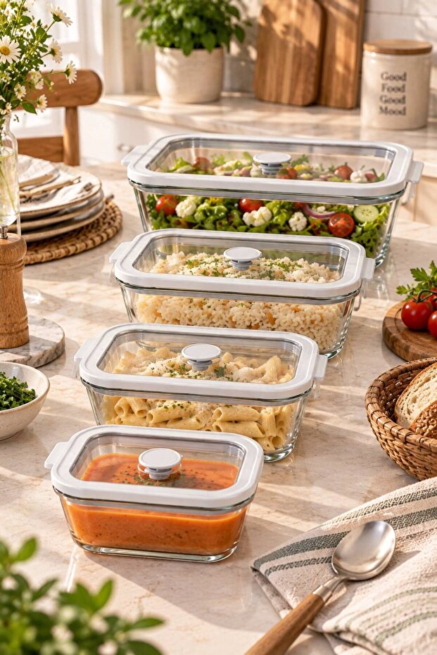 Set of 4 Glass Storage Containers with Gray Leak-Proof Lids and Air Release Valves 2620 ml + 1380 ml + 800 ml + 470 ml