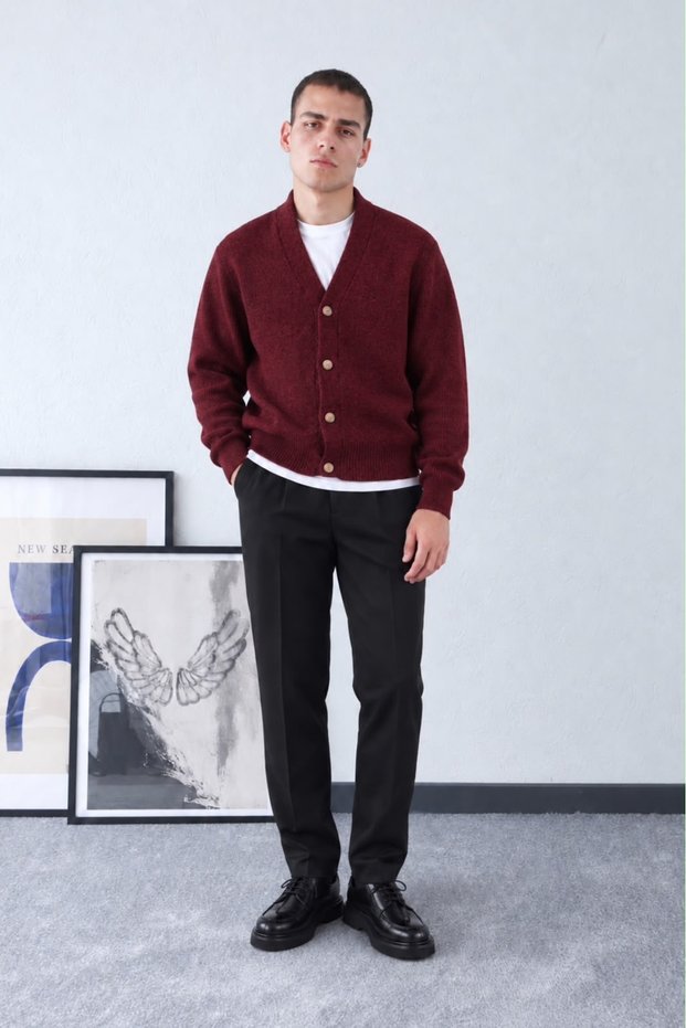 Men's Regular Winter Buttoned Knitwear Cardigan & Regular Fabric Trousers 2-Piece Set