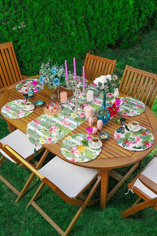 6+1 Piece Supla Runner Set with Flamingo Design in Greens