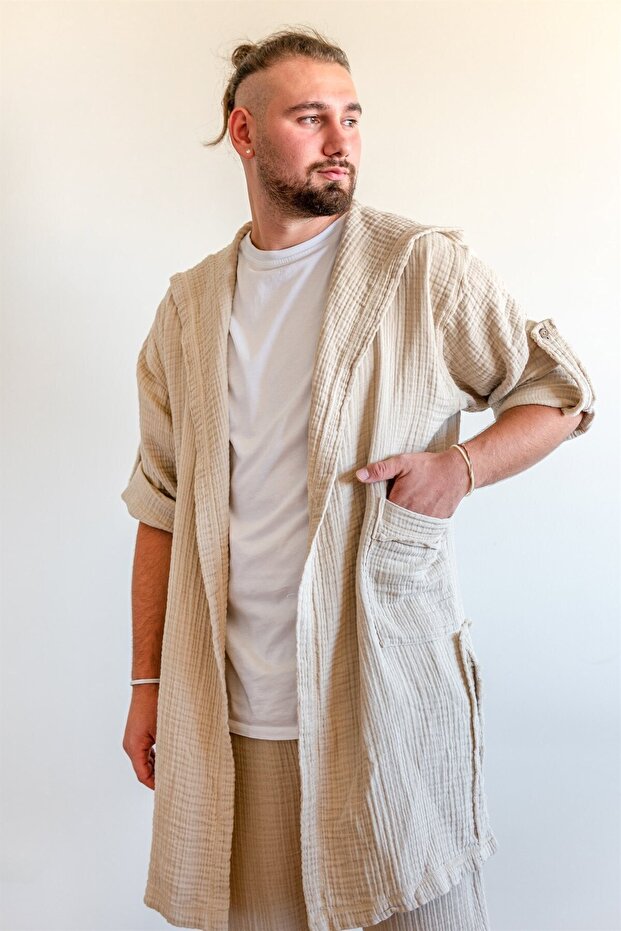 Beige Unisex Muslin Kimono and Kaftan - with Pockets