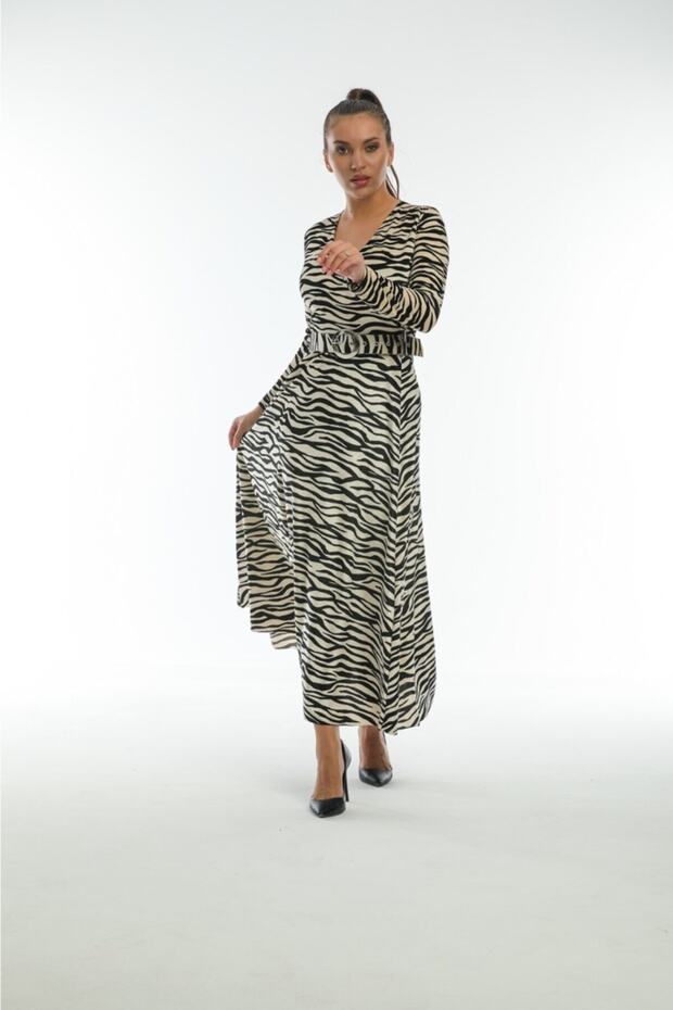 Zebra Patterned Velvet Dress with Belt