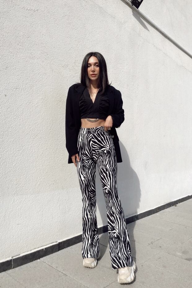 Kadın Zebra Desen Yüksek Bel Süet Ispanyol Paça Pantolon - 2